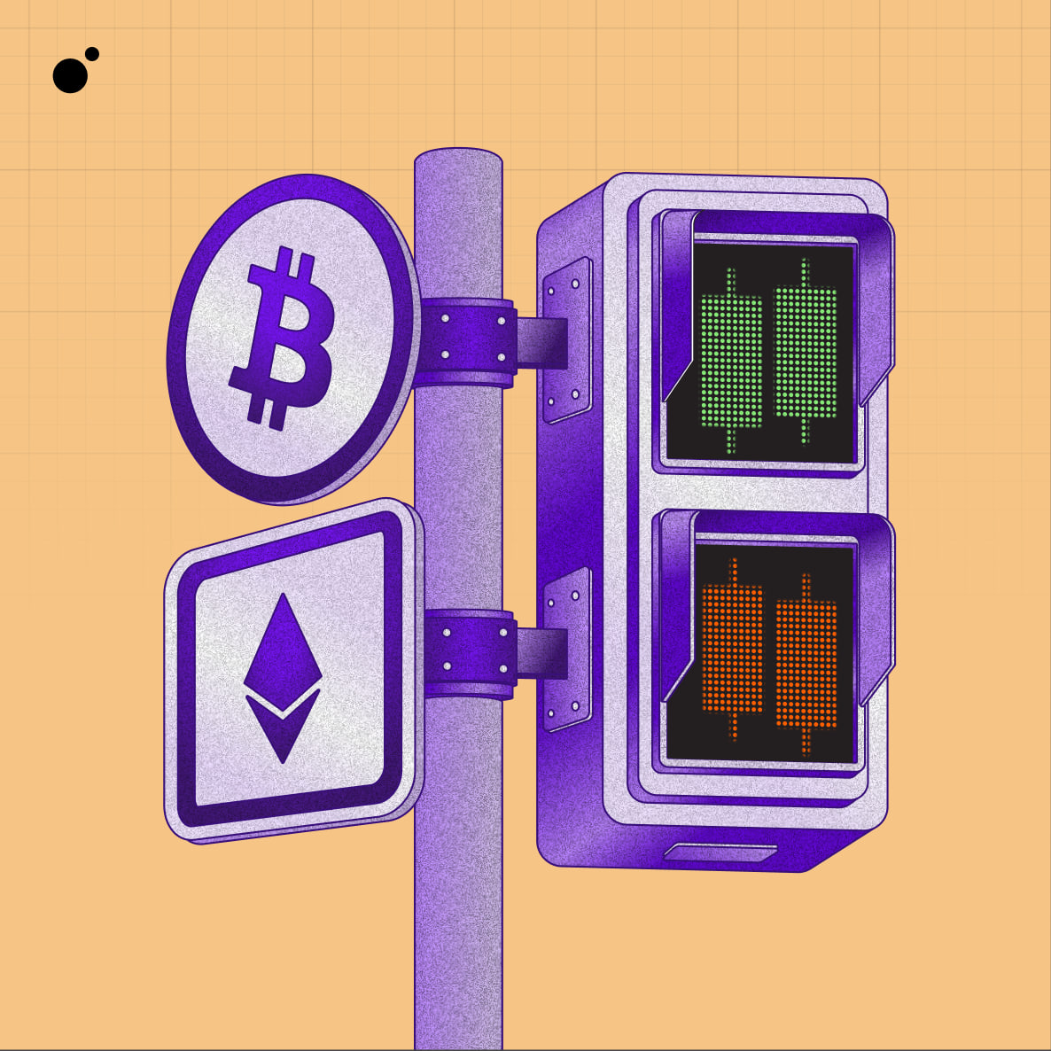 Illustration of Bitcoin and Ethereum signs next to a market signal light showing rising and falling candles